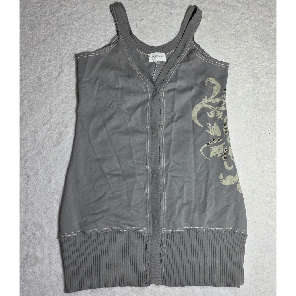 Mystree Tank Top Womens Large Grey Like New Graphic Studded Longline 5555JN